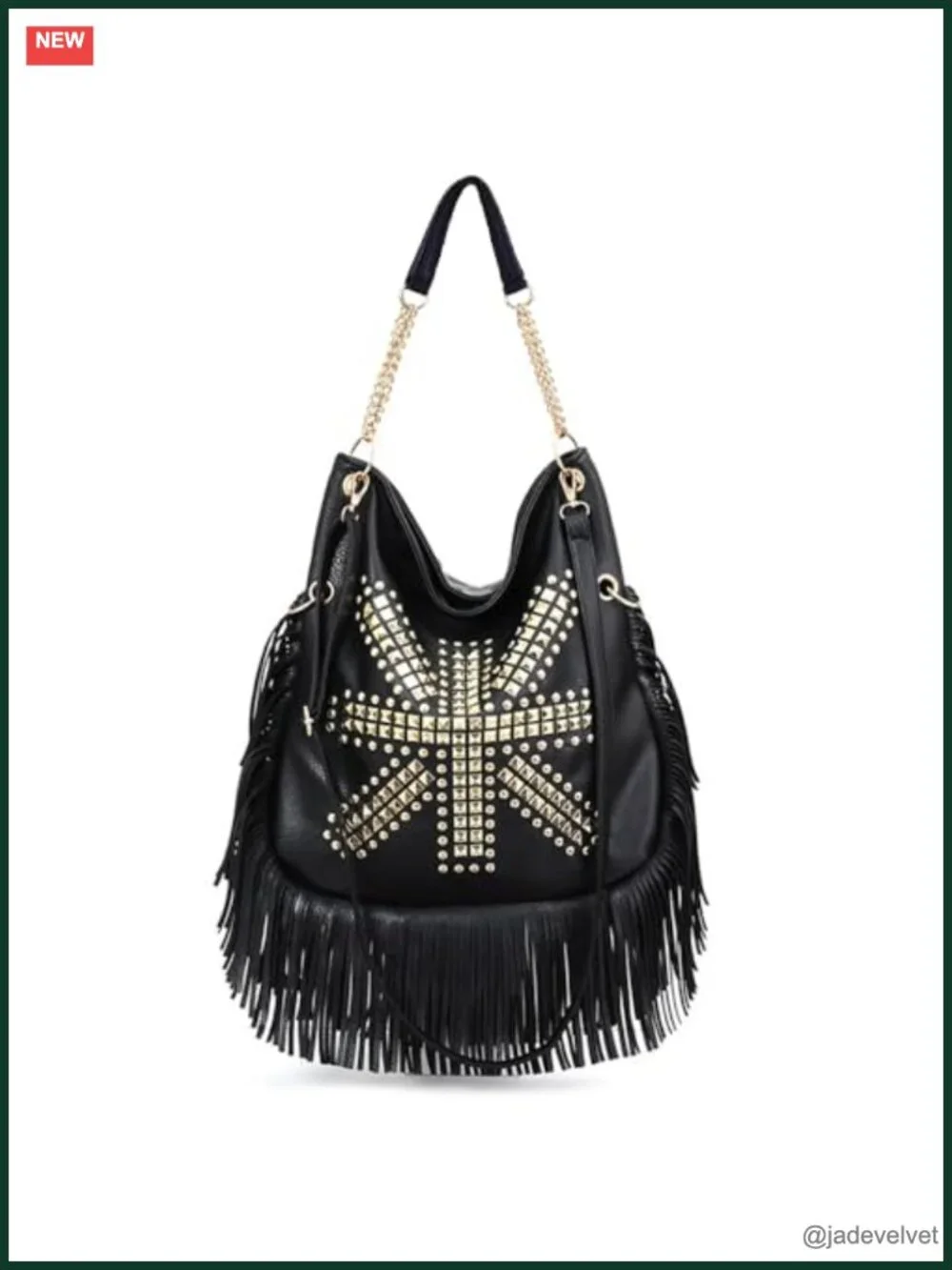 Large Faux Leather Fringe Hobo Bag with Studded Rivets